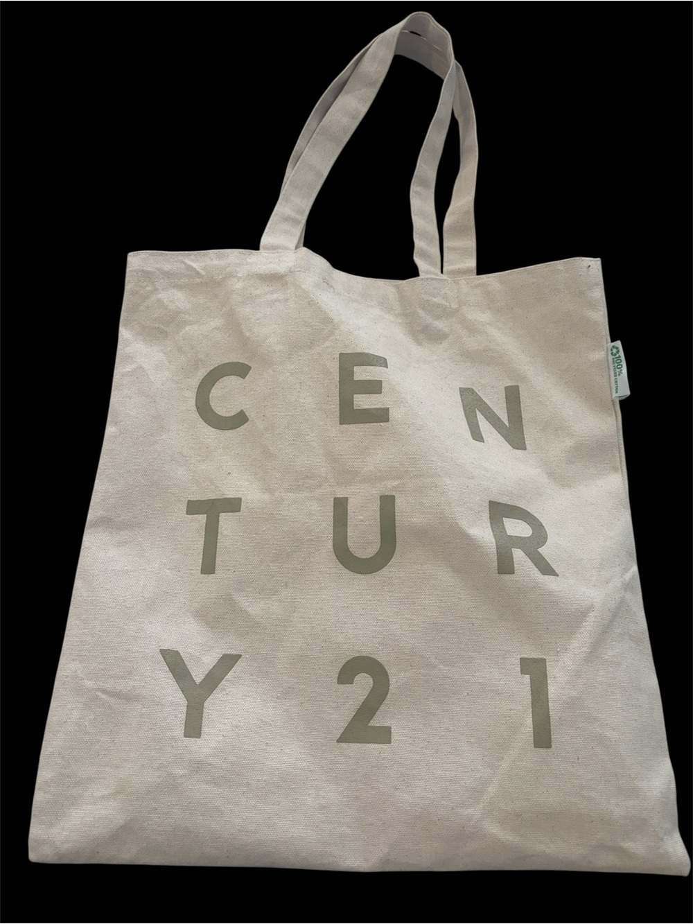 Beige Canvas Tote Bag with Olive Green Print